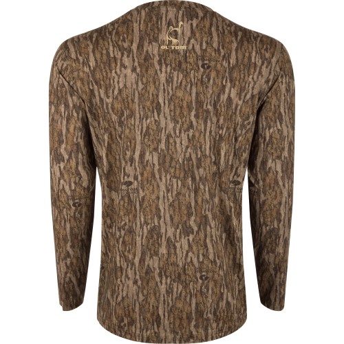 drake-ol-tom-performance-crew-camo-print-long-sleeve-shirt-mossy-oak-bottomland-OT1505-006-back-turkey-hunt-apparel-big-tall-bigcamo